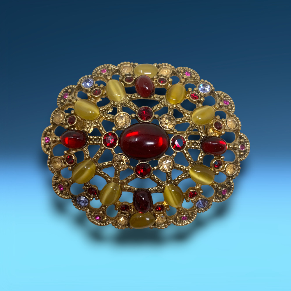 Vintage Liz Claiborne Multicolored Crystal Domed Cluster Brooch Pin Victoriana